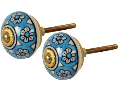 Bouton de porte rond bleu fleurs (Lot de 2)