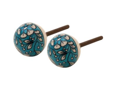 Boutons ronds en céramique fleurs bleues et blanches (Lot de 2)