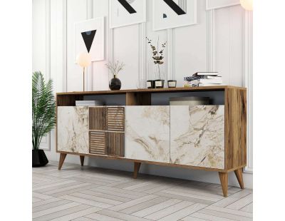 Buffet en aggloméré 4 portes Milan (Noyer et imitation marbre blanc)