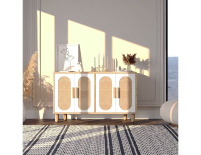 Buffet 4 portes en aggloméré Vera (Blanc, chêne avec jute)