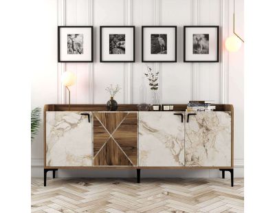 Buffet en aggloméré 4 portes Venedik (Noyer + marbre blanc)