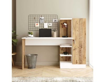 Bureau en aggloméré bicolore avec étagère intégrée (Blanc et pin)