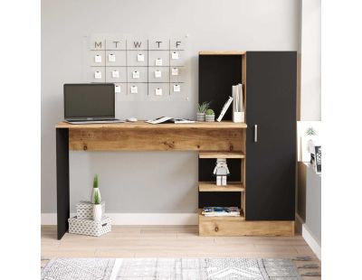 Bureau en aggloméré bicolore avec étagère intégrée (Noir et pin)