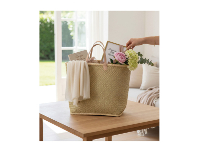 Cabas en palmier naturel tressé avec poignées cuir