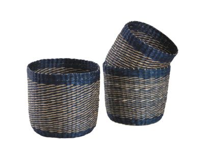 Cache-pots en jonc naturel et bleu (lot de 3)