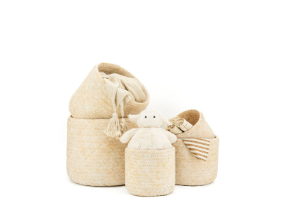 Cache pot rond en bambou patiné (Lot de 5) (Blanc)