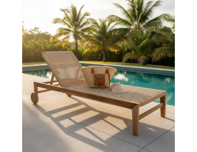 Chaise bain de soleil en teck et cannage synthétique BAIA (Droit)