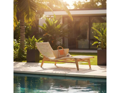 Chaise bain de soleil en teck et cannage synthétique BAIA (Vague)