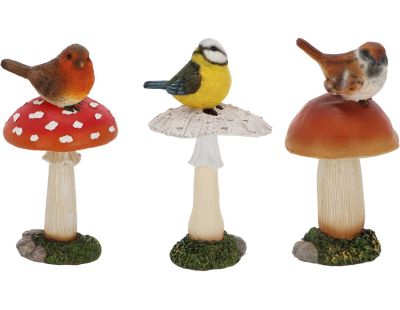 Champignons assortis avec oiseau en polyrésine (Lot de 3) (Taille L)