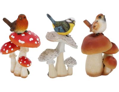 Champignons assortis avec oiseau en polyrésine (Lot de 3) (Taille S)