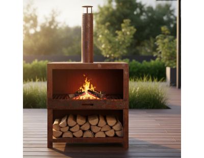 Cheminée d'extérieur avec bûcher intégré (Rouillé)