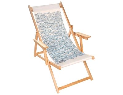 Chilienne transat bois d'eucalyptus tissu 100% coton Elvas (Blanc cassé, Imprimé vagues Bleus)