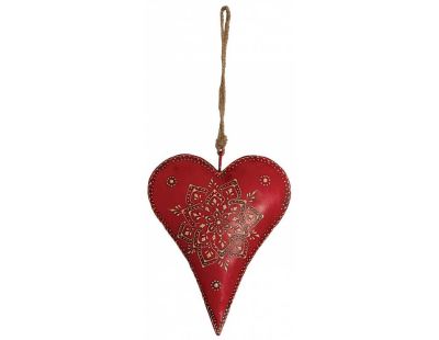 Coeur rouge en métal et corde à suspendre (20 cm)
