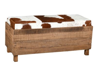 Coffre banquette en bois recyclé et peau de vache