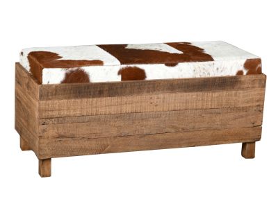 Coffre banquette en bois recyclé et peau de vache