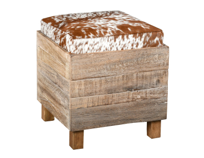 Coffre pouf carré en bois recyclé et peau de vache