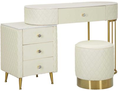 Coiffeuse effet matelassé avec tabouret Sharon (Blanc et doré)