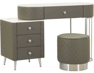 Coiffeuse effet matelassé avec tabouret Sharon (Gris et argent)