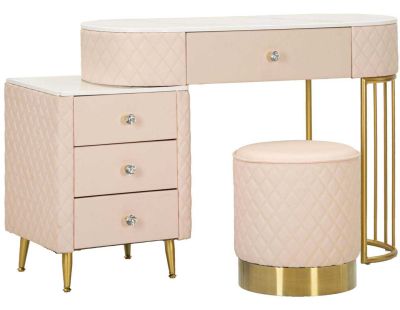 Coiffeuse effet matelassé avec tabouret Sharon (Rose et doré)