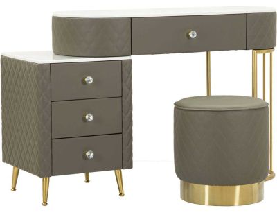 Coiffeuse effet matelassé avec tabouret Sharon (Gris et doré)