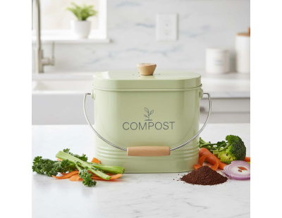 Composteur de cuisine ovale en métal avec filtre (Vert pastel - 3 litres)