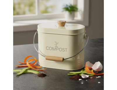 Composteur de cuisine ovale en métal avec filtre (Crème - 7 litres)