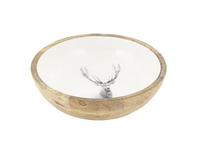 Corbeille ronde en manguier avec résine blanche décor Cerf