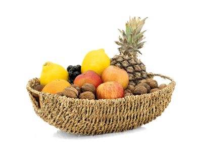 Corbeille ovale en jonc et métal (L 30 cm)