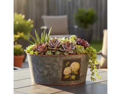 Corbeille ronde en métal patiné gris Hortensia