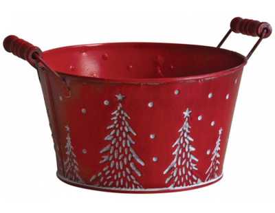 Corbeille ronde en métal rouge motif sapins et neige