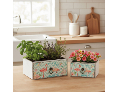 Corbeille tiroir en bois flamants roses (Lot de 2)