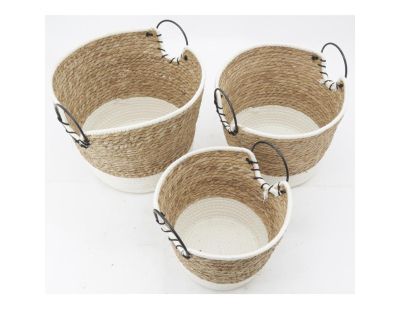 Corbeilles en jonc, coton et métal (lot de 3)