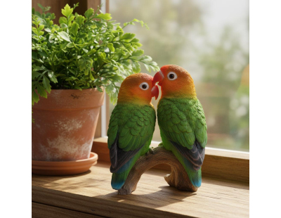 Couple d'inséparables en résine sur branche