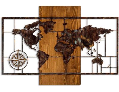 Décoration murale en bois et métal Mappemonde