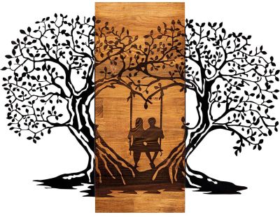 Décoration murale en métal et bois Amoureux sur balançoire
