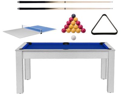 Ensemble billard convertible table à manger 6 personnes et accessoires Texas (Blanc boisé et bleu (tapis))