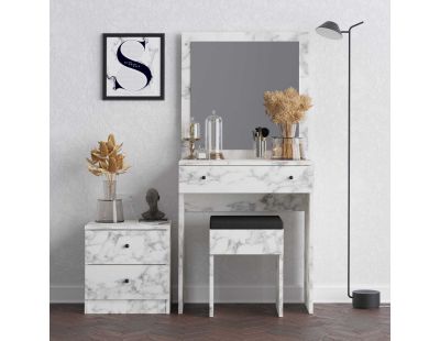 Ensemble coiffeuse avec miroir, petite commode et tabouret Nice (Blanc marbré)