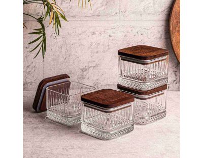 Ensemble pots en verre avec couvercle bois (4 pots carrés - Bella)