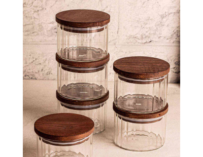 Ensemble pots en verre avec couvercle bois (6 pots ronds - Liny)