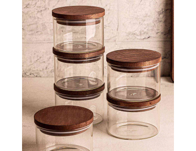 Ensemble pots en verre avec couvercle bois (6 pots ronds - Doria)