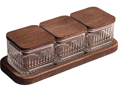 Ensemble pots en verre avec couvercle et plateau bois (3 pots carré - Bella)