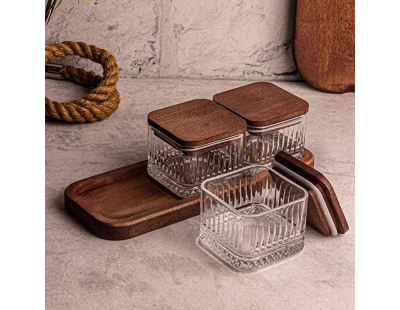 Ensemble pots en verre avec couvercle et plateau bois (3 pots carré - Bella)