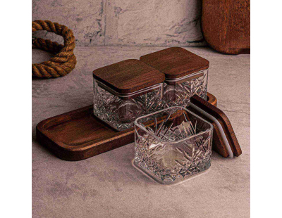 Ensemble pots en verre avec couvercle et plateau bois (3 pots carrés - Milla)