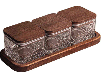 Ensemble pots en verre avec couvercle et plateau bois (3 pots carrés - Milla)
