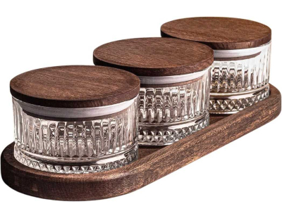 Ensemble pots en verre avec couvercle et plateau bois (3 pots ronds - Bella rond)