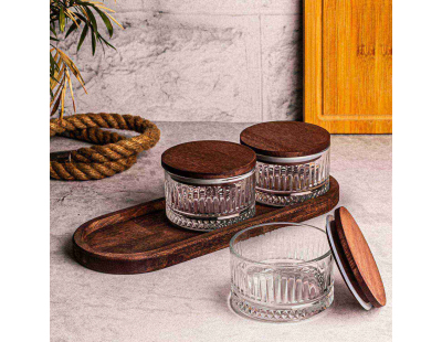 Ensemble pots en verre avec couvercle et plateau bois (3 pots ronds - Bella rond)