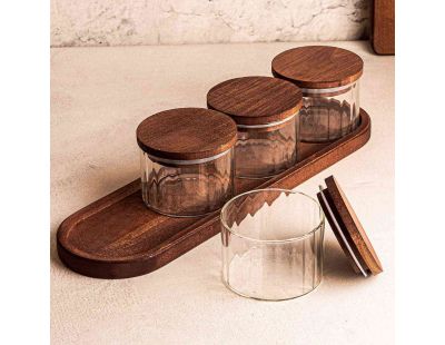 Ensemble pots en verre avec couvercle et plateau bois (4 pots ronds - Liny)