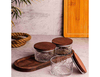 Ensemble pots en verre avec couvercle et plateau bois (3 pots ronds - Milla)