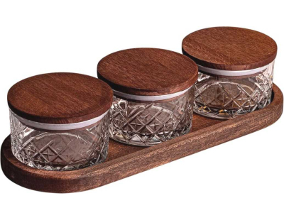 Ensemble pots en verre avec couvercle et plateau bois (3 pots ronds - Milla)