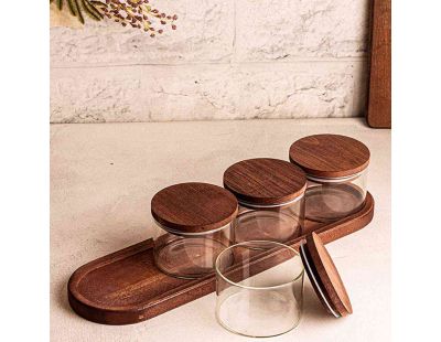 Ensemble pots en verre avec couvercle et plateau bois (4 pots ronds - Doria)